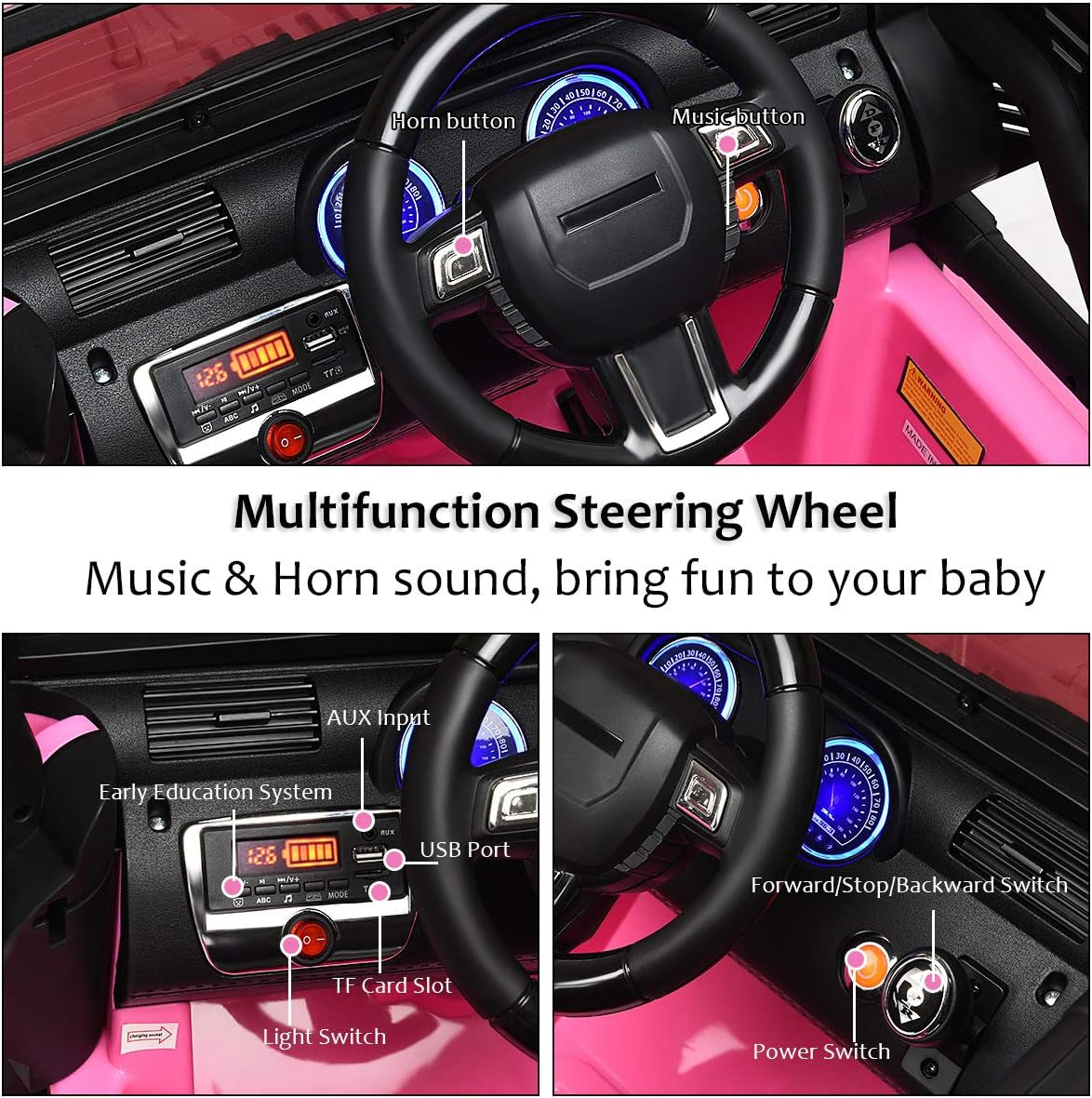 HONEY JOY 12V Electric Ride-On Truck for Children with Remote Control, Spring Suspension, LED Lighting, Functional Doors, and Safety Belt - Pink Toddler 4-Wheeler