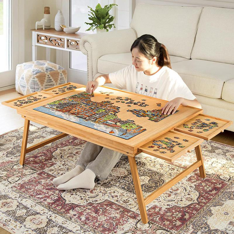 TEAKMAMA 1500-Piece Wooden Jigsaw Puzzle Table with Legs, 4 Drawers & Protective Cover - Portable 34” x 26.3” Folding Puzzle Board for Adults