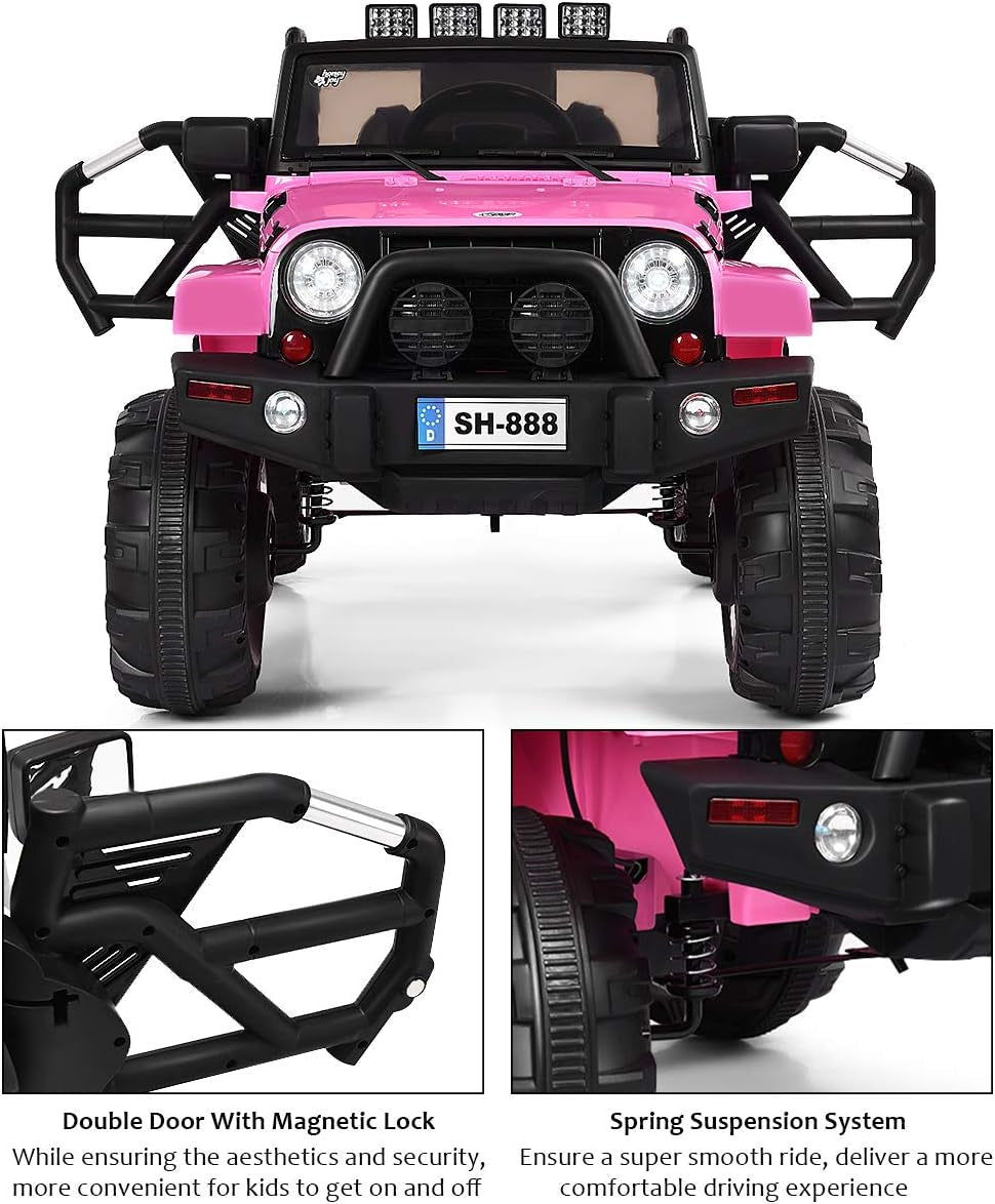 HONEY JOY 12V Electric Ride-On Truck for Children with Remote Control, Spring Suspension, LED Lighting, Functional Doors, and Safety Belt - Pink Toddler 4-Wheeler