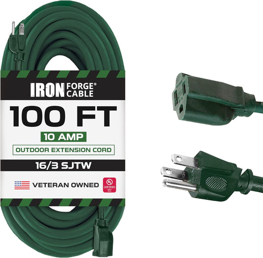Iron Forge Cable 100 FT Green Outdoor Extension Cord - 16/3 SJTW Weatherproof, 3-Prong, UL Listed for Yard and Garden Use