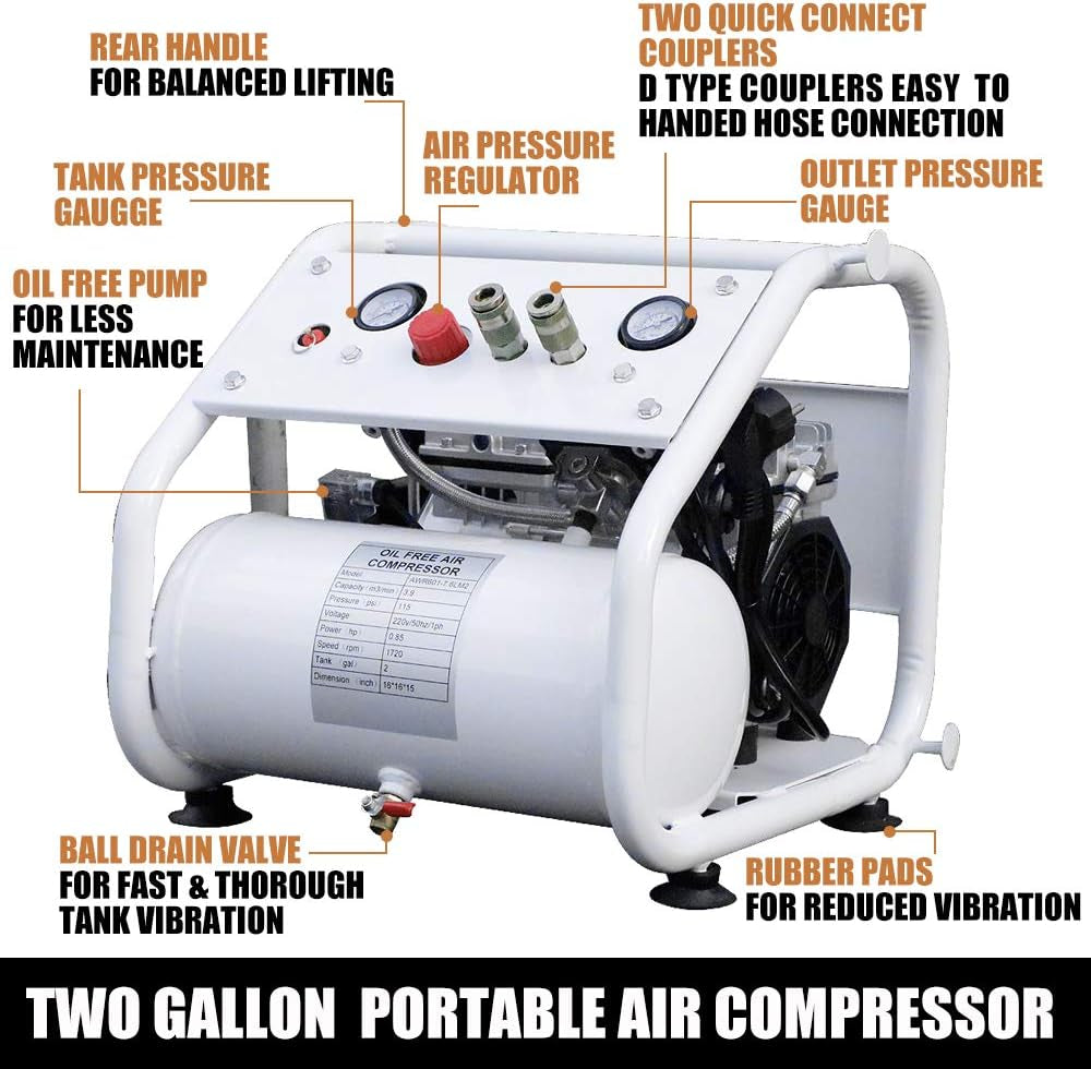 Professional Ultra Quiet Oil-Free Portable Air Compressor with Dual Outlet, 4 CFM at 125 PSI, 2 Gallon Tank, Lightweight Design (42 lbs), 110V/650W
