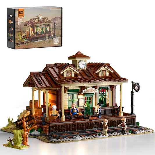 Funwhole Wild West Train Station Building Bricks Set - 1975 Pcs Collectible Playset for Adults and Teens - Perfect Holiday Gift!