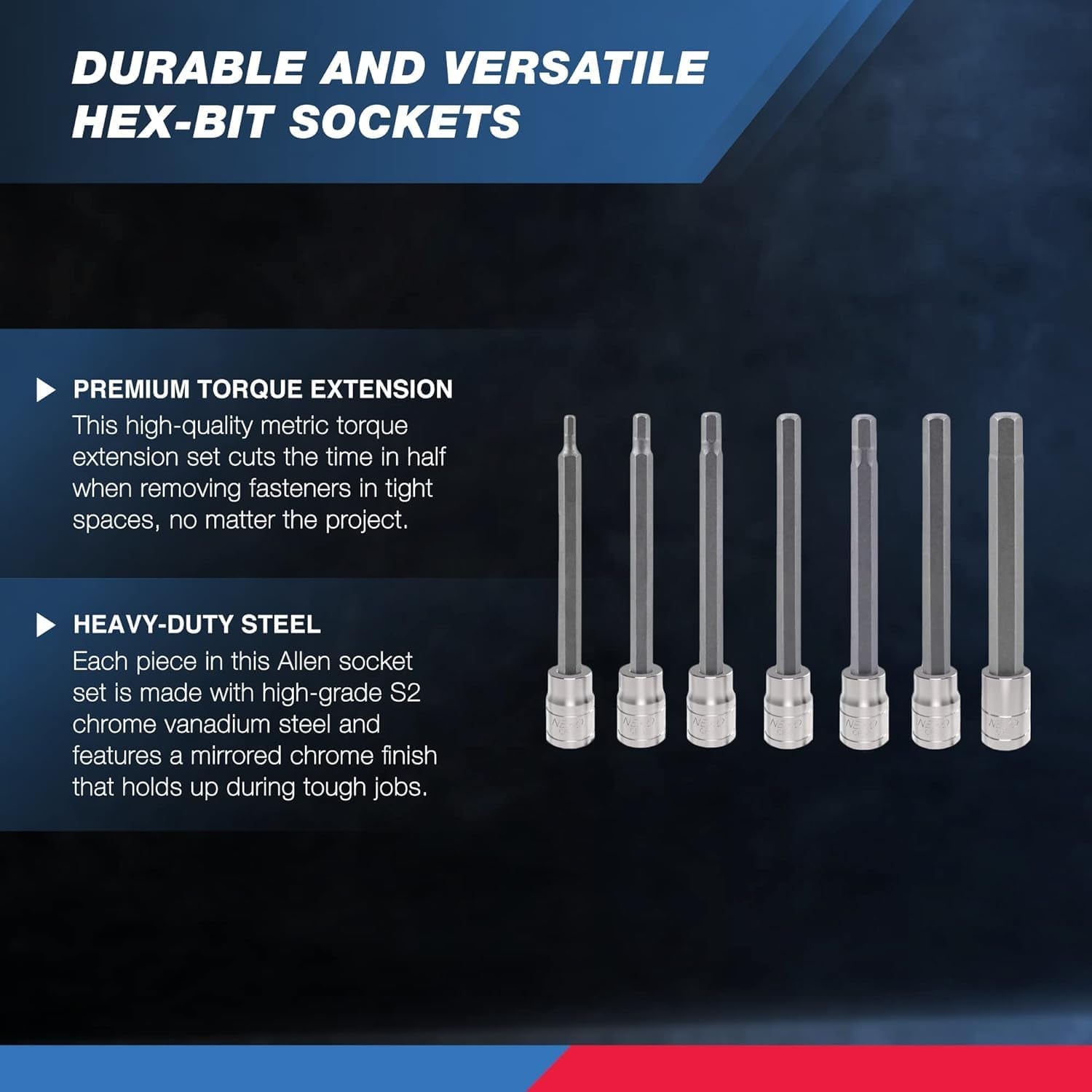 Neiko 10072A 3/8-Inch Drive Extra Long Allen Hex Bit Socket Set, SAE Sizes 1/8-Inch to 3/8-Inch, 7-Piece, Made from S2 and Cr-V Steel