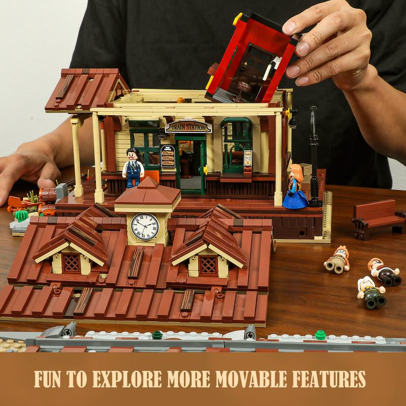 Funwhole Wild West Train Station Building Bricks Set - 1975 Pcs Collectible Playset for Adults and Teens - Perfect Holiday Gift!