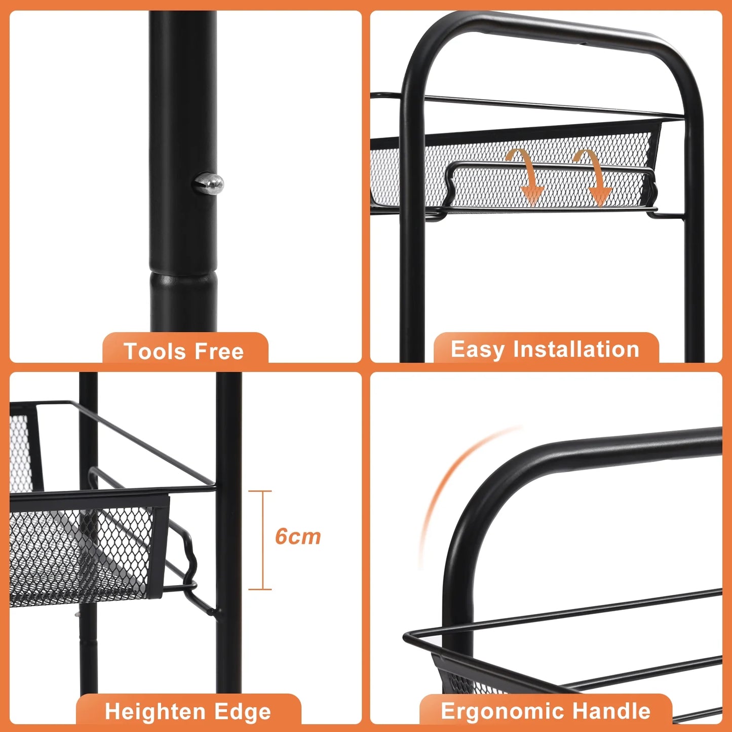 4-Tier Metal Rolling Cart with Wheels - Versatile Storage Solution for Office and Educational Environments - Elegant Black Finish