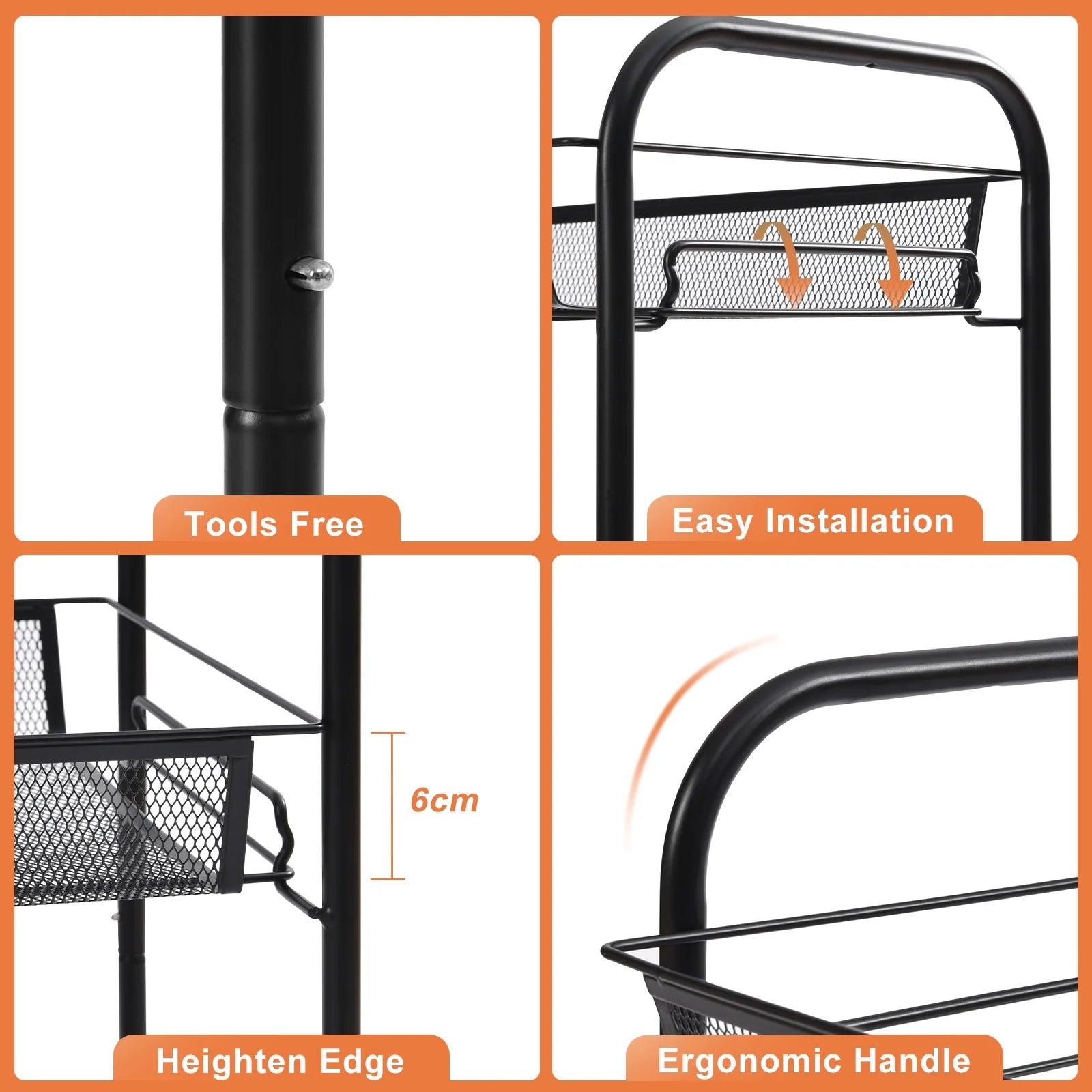 4-Tier Metal Rolling Cart with Wheels - Versatile Storage Solution for Office and Educational Environments - Elegant Black Finish