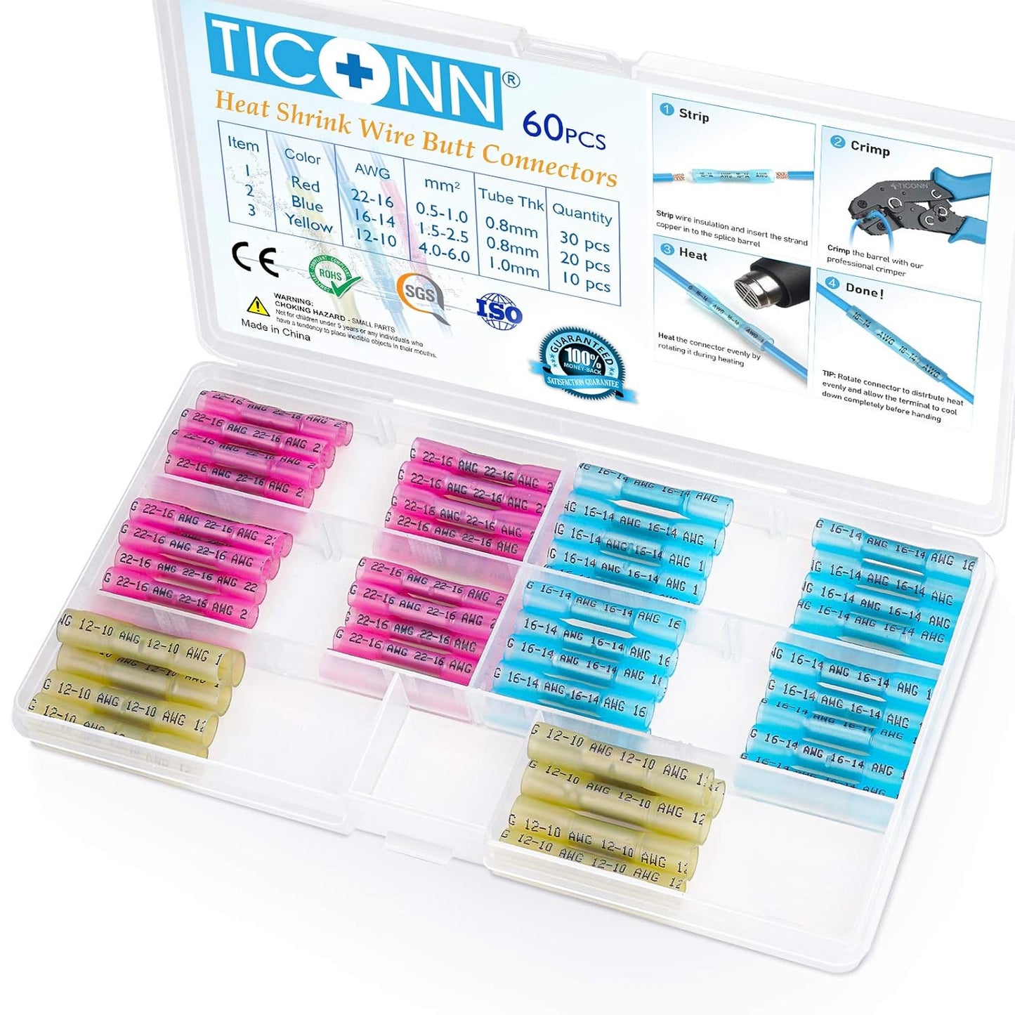 TICONN 100-Piece Insulated Waterproof Heat Shrink Butt Wire Connector Kit for Marine and Automotive Applications