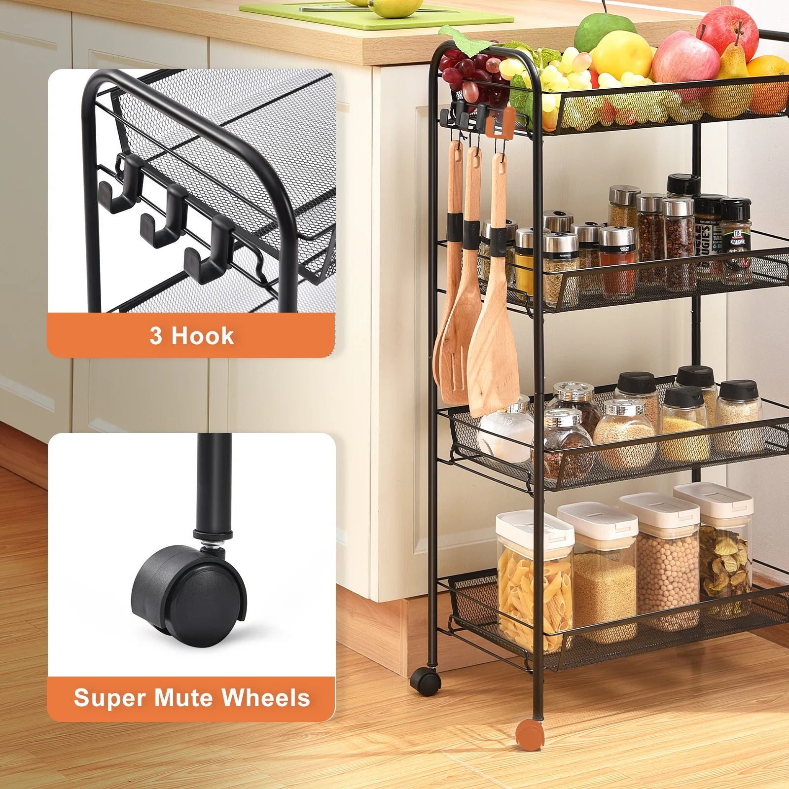 4-Tier Metal Rolling Cart with Wheels - Versatile Storage Solution for Office and Educational Environments - Elegant Black Finish