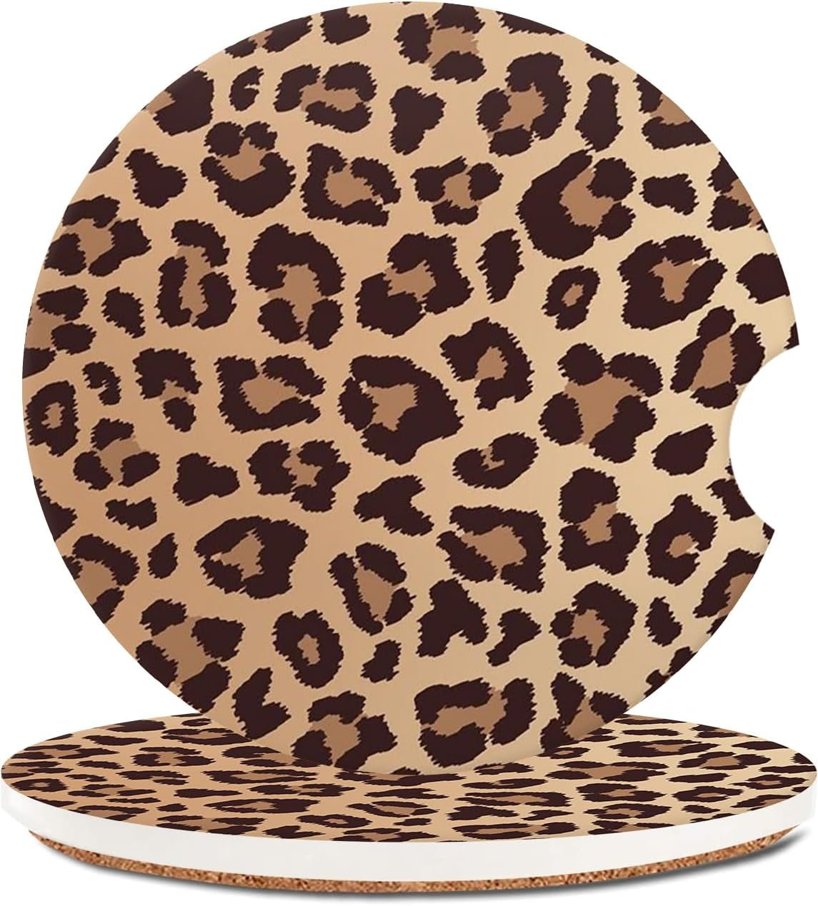 Absorbent Cowhide Car Coasters - Set of 2, Ceramic Stone Drink Holders with Finger Notch and Farm Animal Print Design