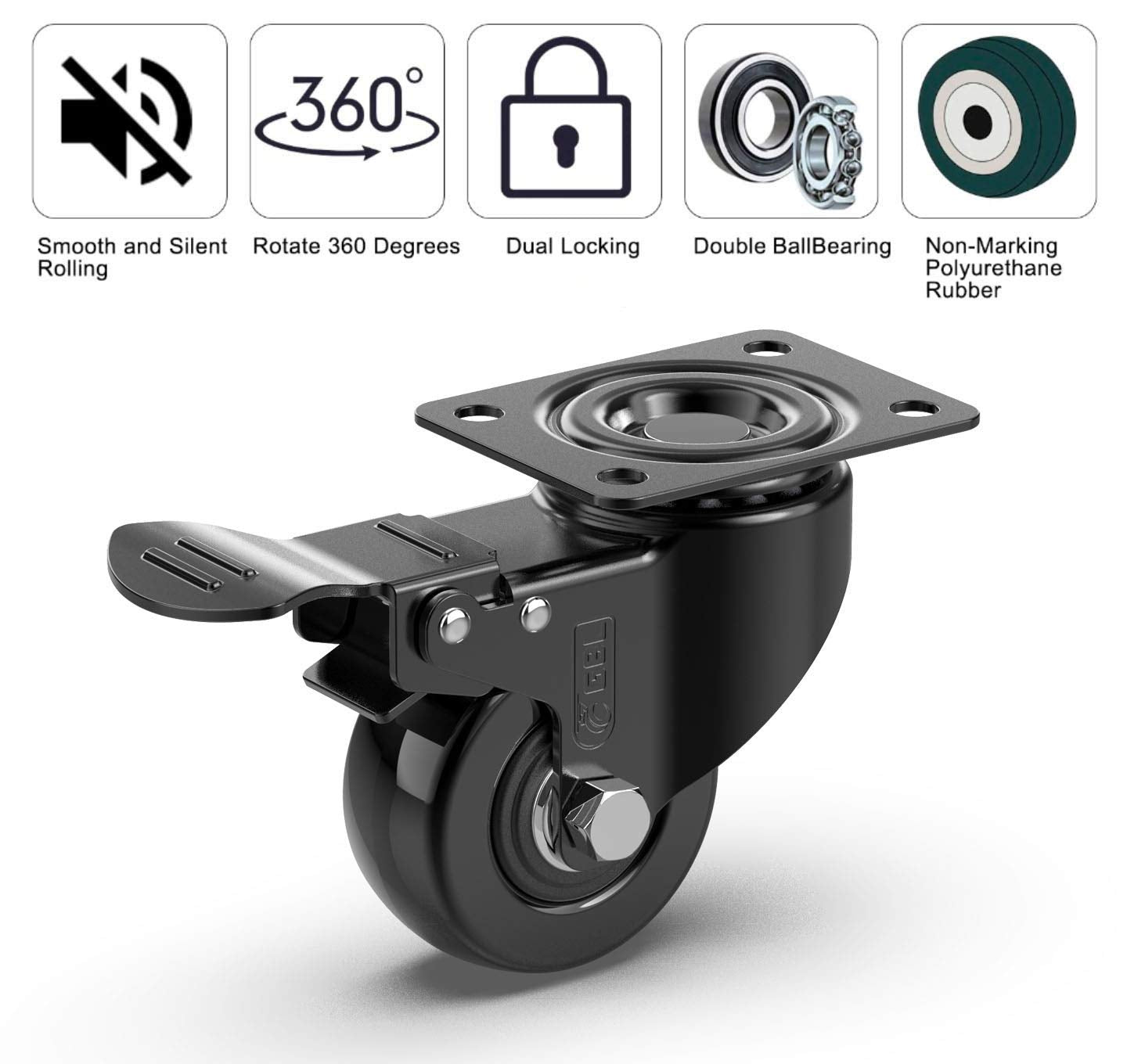 GBL 2-Inch Heavy-Duty Caster Wheels with Dual Brakes and Screws - Supports Up to 440 lbs - Set of 4 Silent Rubber Trolley Wheels for Furniture - Black Finish