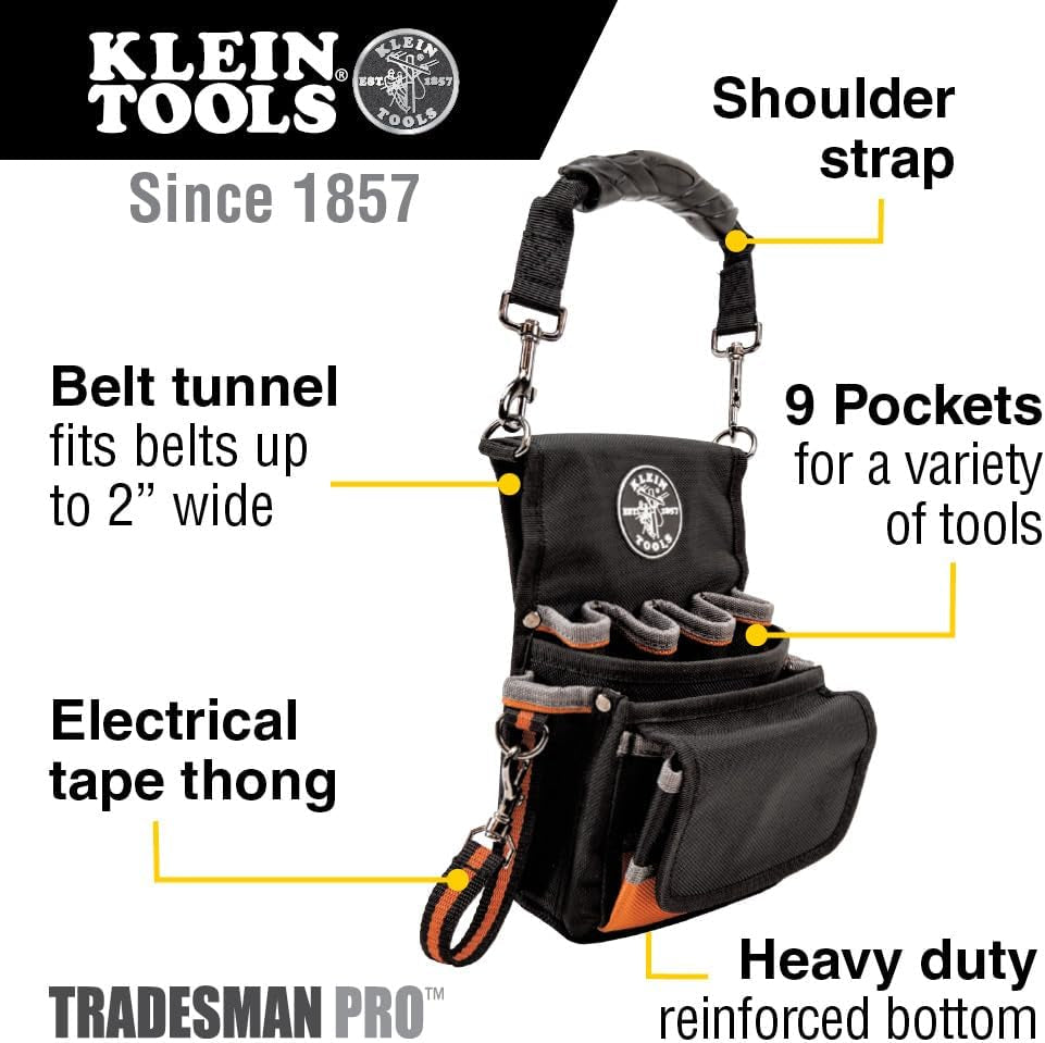 Klein Tools 5242 Tradesman Pro Tool Pouch with Electrical Tape Holder, Reinforced Base, and 9 Pockets