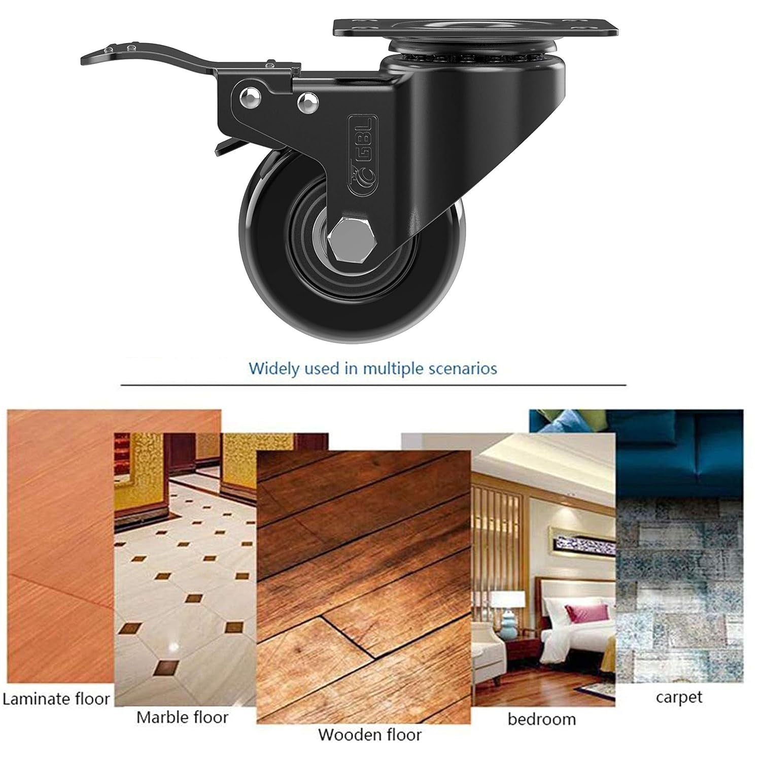 GBL 2-Inch Heavy-Duty Caster Wheels with Dual Brakes and Screws - Supports Up to 440 lbs - Set of 4 Silent Rubber Trolley Wheels for Furniture - Black Finish
