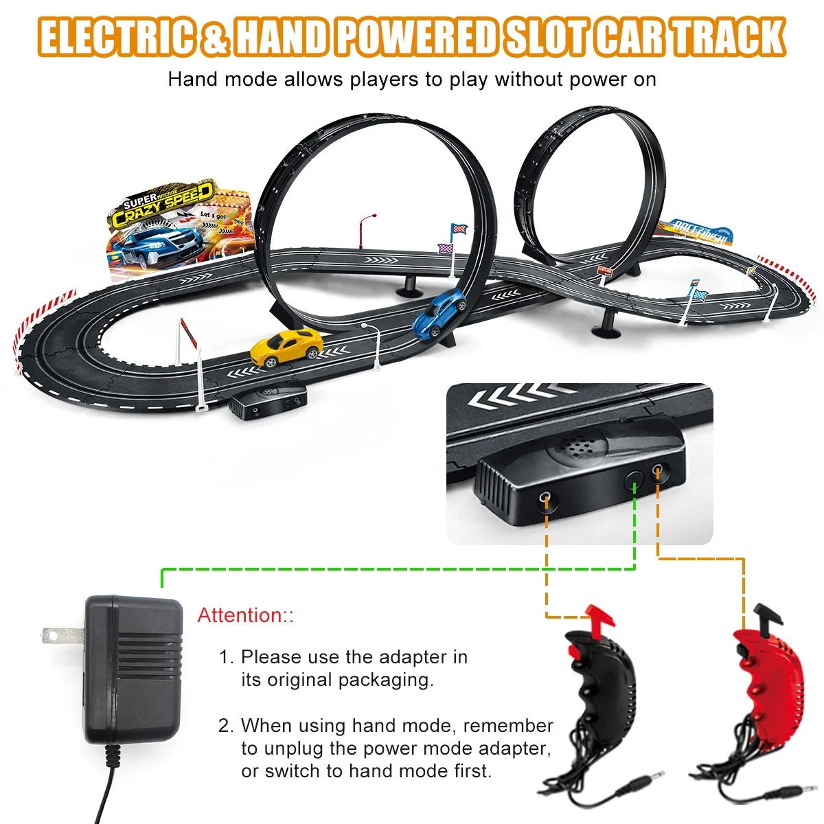 20-Foot Electric and Hand-Shake Slot Car Racing Track Set for Ages 4-12 - Dual Race Track with Cars for Boys and Girls