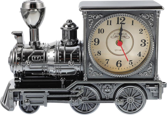 FAVOMOTO Grey Retro Train Clock - Stylish Steampunk Locomotive Table Decor for Home & Office (Battery Not Included)