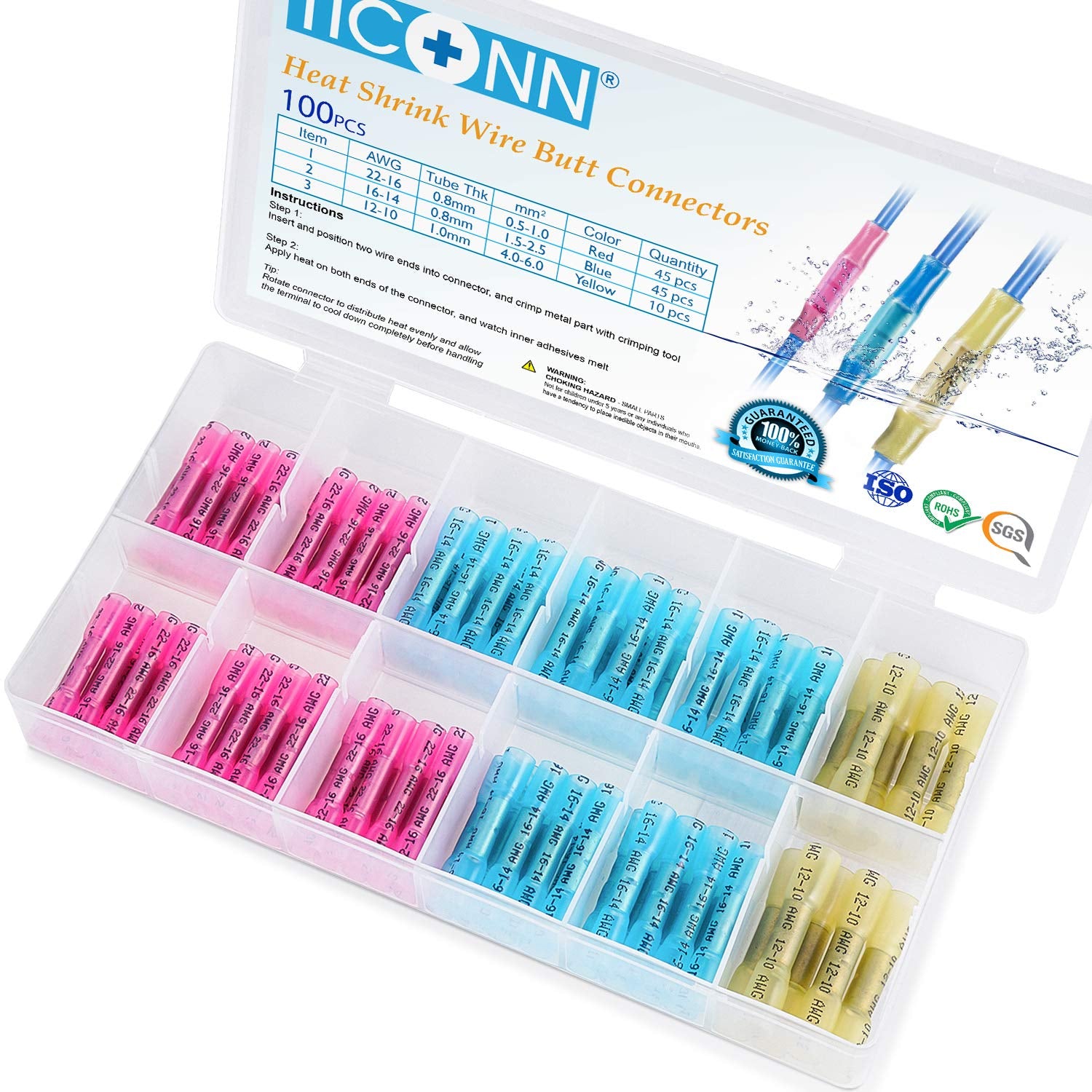 TICONN 100-Piece Insulated Waterproof Heat Shrink Butt Wire Connector Kit for Marine and Automotive Applications