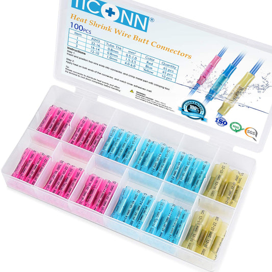 TICONN 100-Piece Insulated Waterproof Heat Shrink Butt Wire Connector Kit for Marine and Automotive Applications
