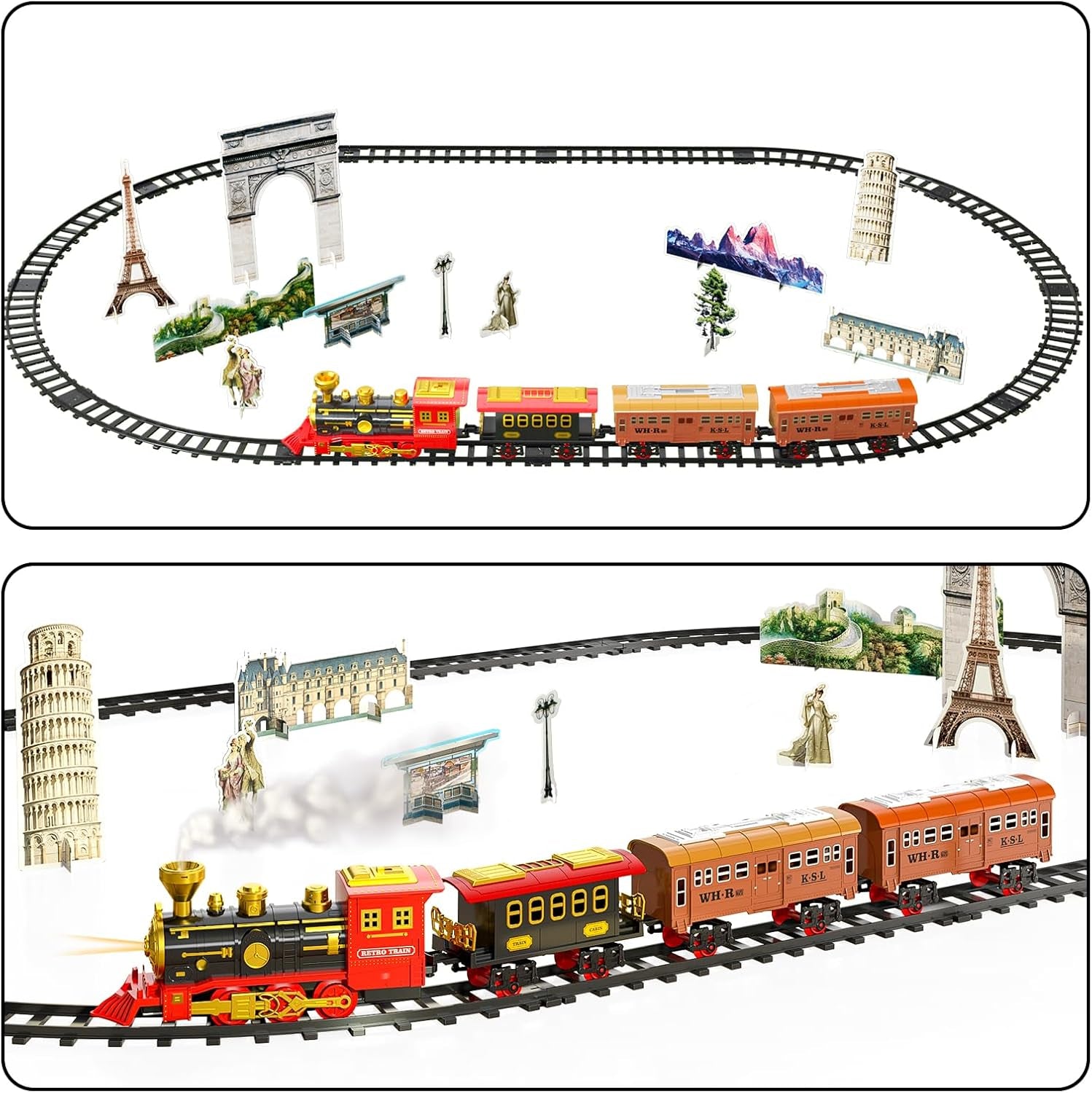 TEMI Ultimate Rechargeable Train Set for Kids 3-7 - Realistic Steam Engine, Cargo Car, Lights, Sounds & Extensive Track - Perfect Gift for Young Conductors!
