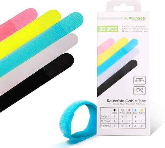 Avantree 20-Pack Reusable Cord Organizer and Cable Management Straps for Earbuds, Headphones, and Electronics – Assorted Sizes and Colors