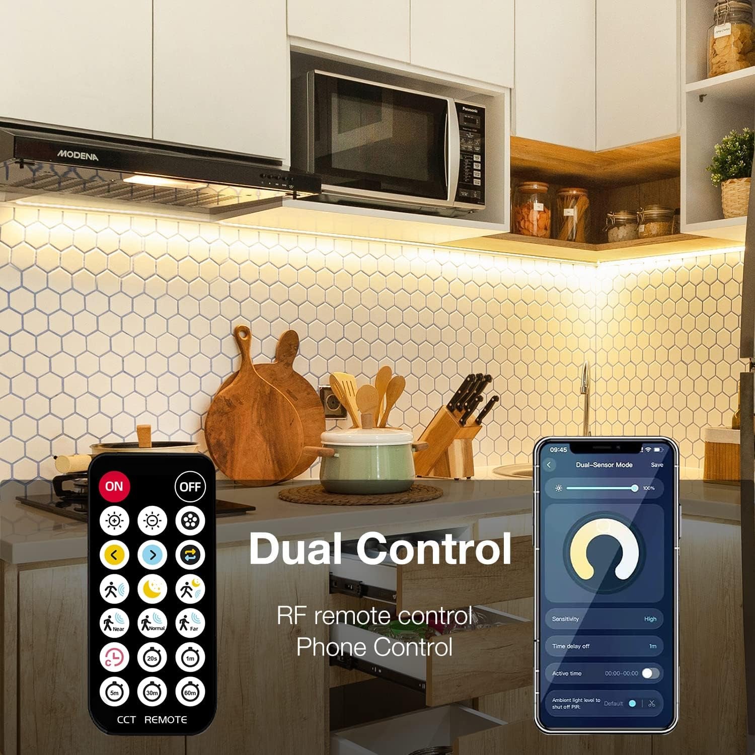Phopollo 10-Piece Motion Sensor LED Strip Light Kit - 16.4 Ft Under Cabinet Lighting with App and RF Remote Control, Dimmable 2700K-6500K for Kitchen, Counter, and Shelf, Dusk to Dawn Night Light