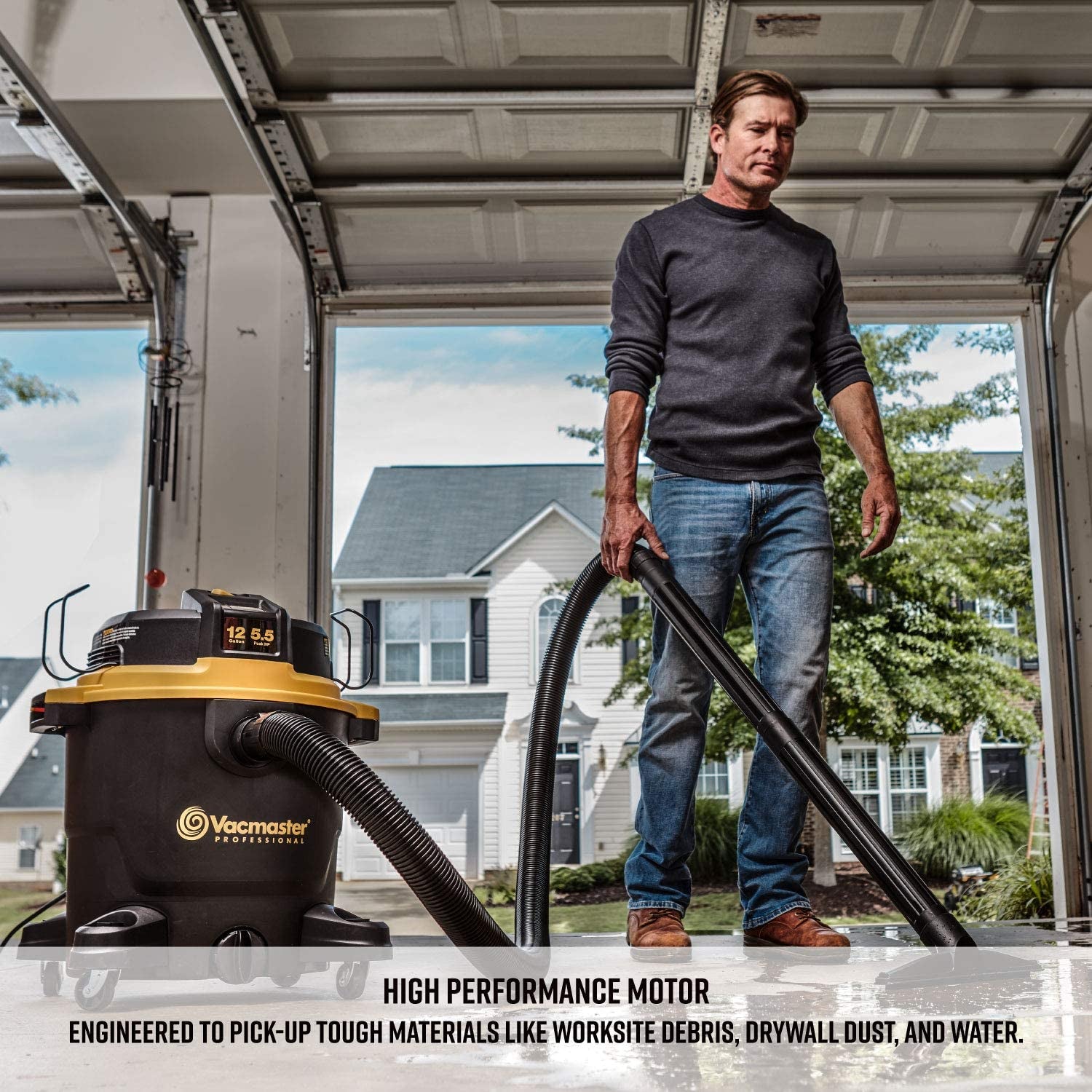 Vacmaster Professional Beast Series Wet/Dry Vacuum, 12 Gallon Capacity, 5.5 HP with 2-1/2" Hose, Black