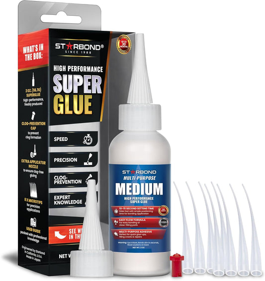 Starbond Medium Super Glue Professional Kit - High-Performance Adhesive for Precision Repairs and Woodworking (2 Oz) with Clog-Resistant Cap and Additional Nozzle
