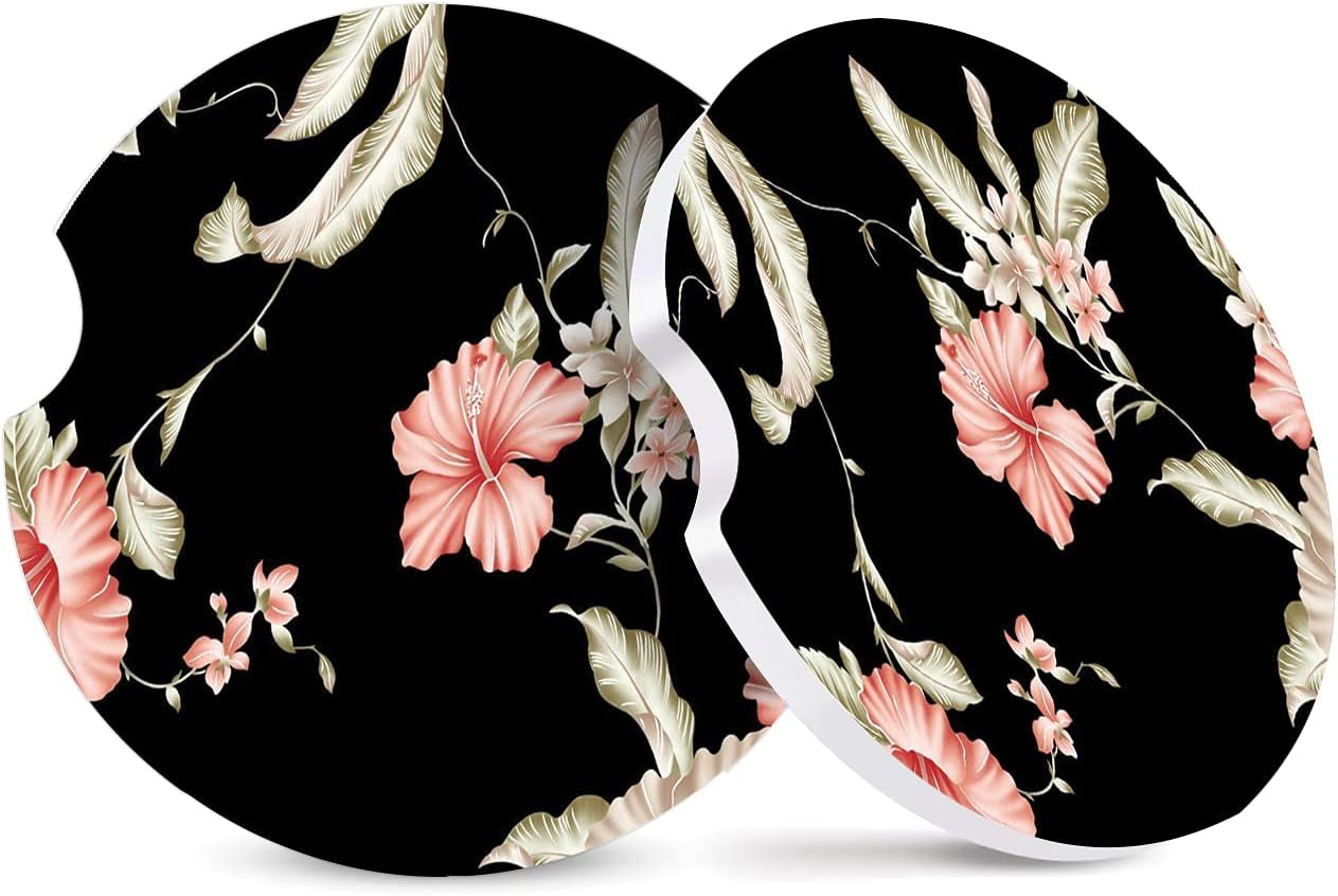 Absorbent Cowhide Car Coasters - Set of 2, Ceramic Stone Drink Holders with Finger Notch and Farm Animal Print Design