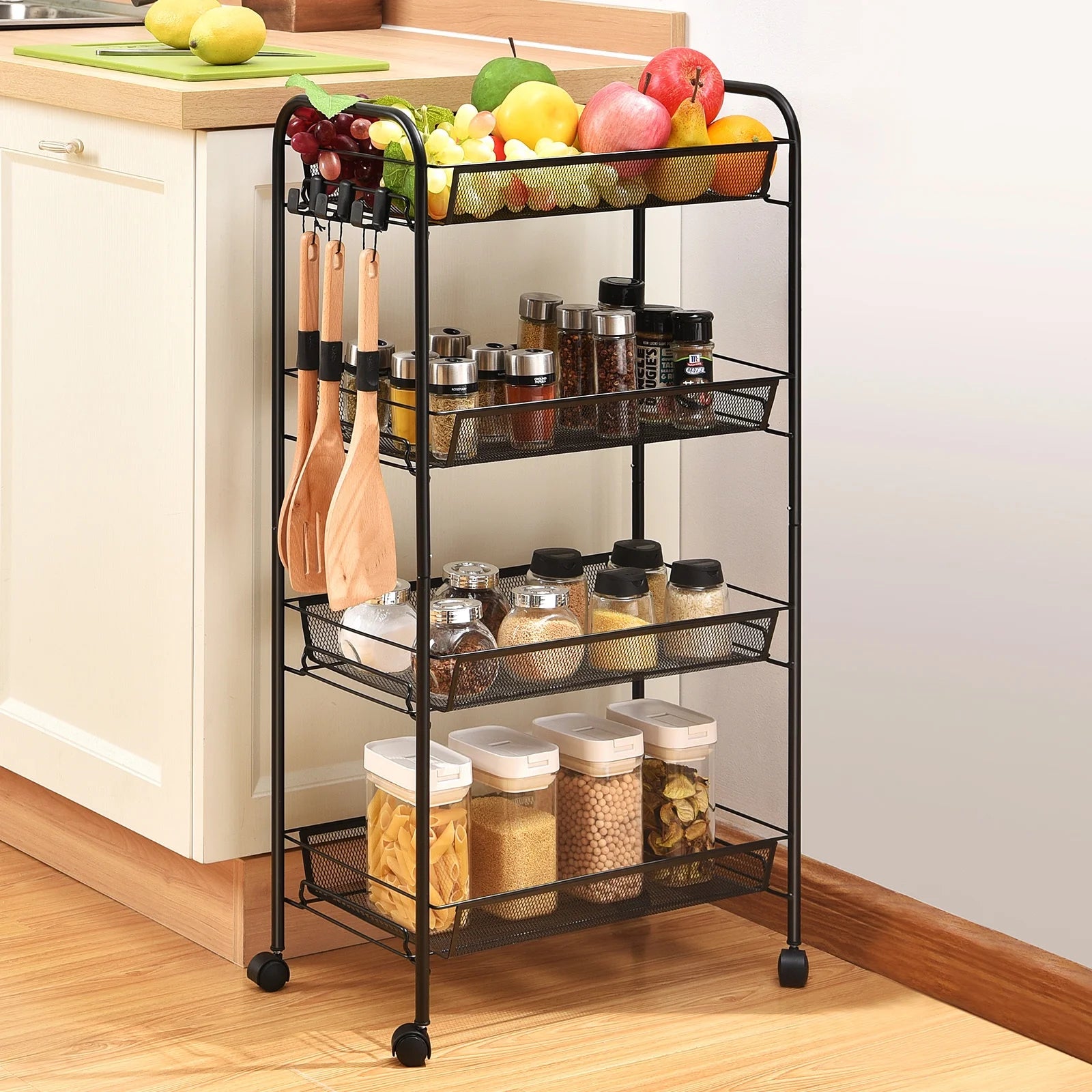 4-Tier Metal Rolling Cart with Wheels - Versatile Storage Solution for Office and Educational Environments - Elegant Black Finish