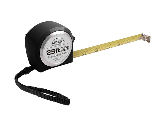Apollo Tools 25-Foot Measuring Tape with Retractable Blade, Fraction Markings, 1-Inch Nylon Blade, 8-Foot Standout, Lock Button, and Belt Clip - Black - Model DT5002