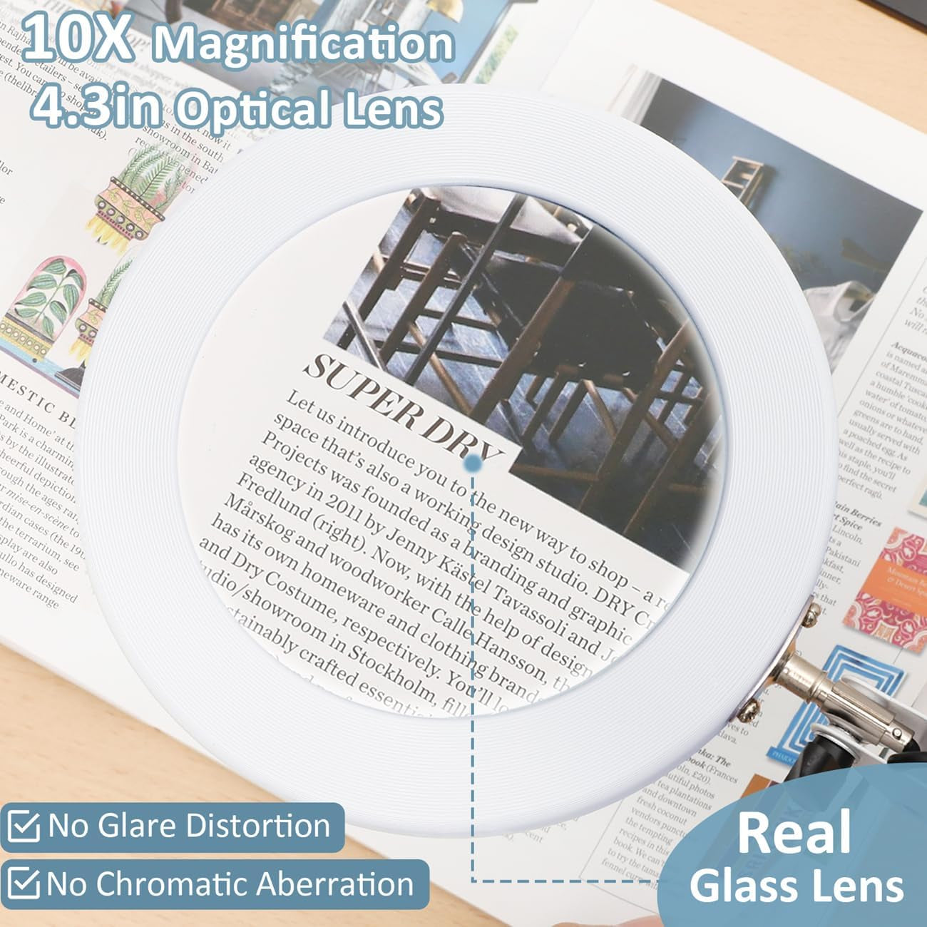 LANCOSC 10X LED Magnifying Glass with Adjustable Stand - Premium Glass Lens, Three Color Modes, and Stepless Dimming for Enhanced Crafting, Reading, and Repair - White
