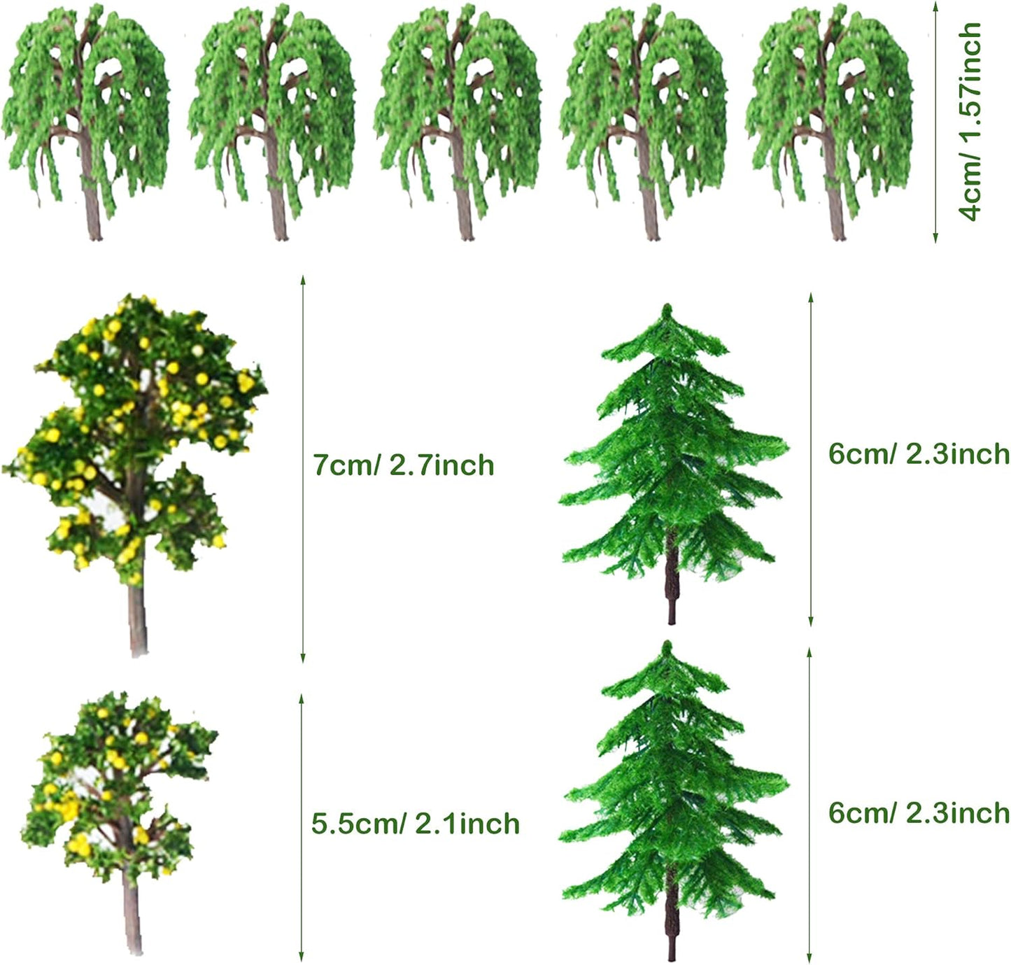 Cayway 44-Piece Colorful Model Trees Set (1.3-3.2 Inches) - Perfect for Train Scenery and Architectural Models, Base-Free DIY Craft Accessories