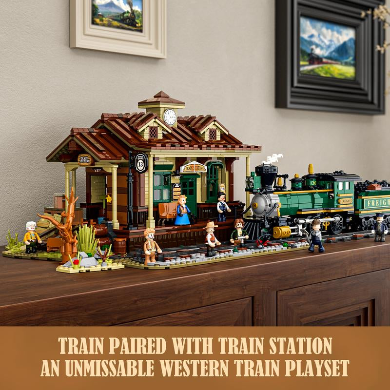 Funwhole Wild West Train Station Building Bricks Set - 1975 Pcs Collectible Playset for Adults and Teens - Perfect Holiday Gift!