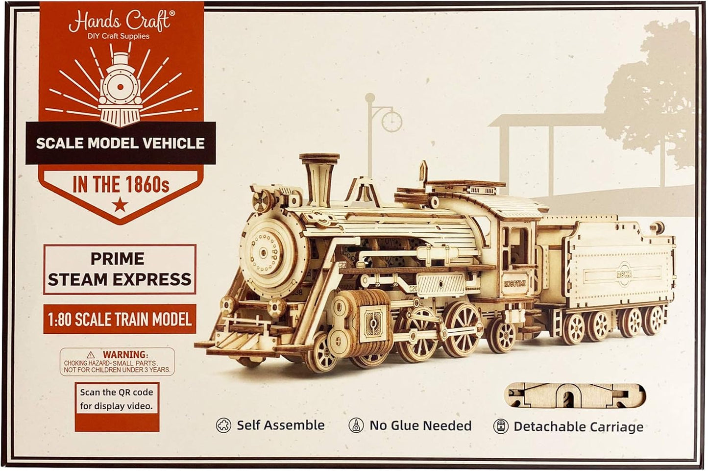 Prime Steam Express Train 3D Wooden Puzzle Model Kit - Educational STEM Toy for Adults and Teens - Safe, Non-Toxic Laser-Cut Wood MC501A at 1:80 Scale