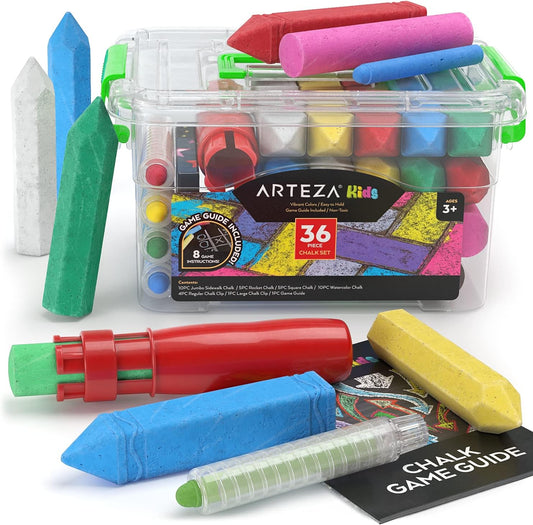 Arteza 36-Piece Washable Sidewalk Chalk Set for Children – Ergonomic Design with Game Guide Included