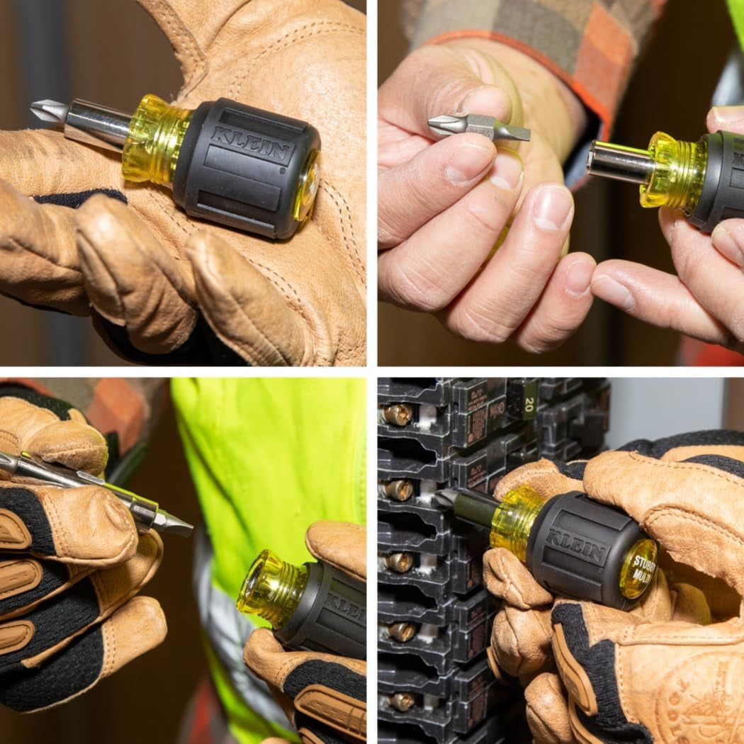 Klein Tools 32561 6-in-1 Stubby Multi-Bit Screwdriver and Nut Driver with Dual Phillips, Slotted, and Nut Driver Options