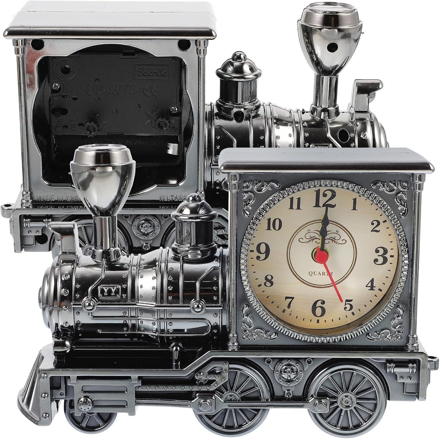 FAVOMOTO Grey Retro Train Clock - Stylish Steampunk Locomotive Table Decor for Home & Office (Battery Not Included)